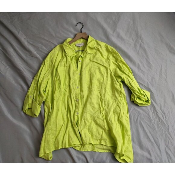 Jones New York Top Green Linen Button Up Roll Tab Sleeve Shirt Womens Size 3X - Picture 1 of 9